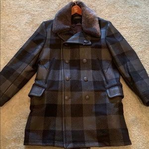 Mens Rag & Bone Black Plaid Peacoat